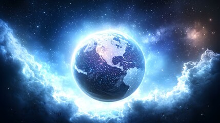 Obraz premium A luminous Earth, depicted with a glowing, star-studded surface, is encircled by ethereal clouds within a vast, starry expanse.