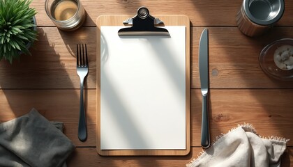 Top view of clipboard with blank paper for food menu mockup on wood table. Restaurant design template with fork, knife, small green plant. Food branding, cafe menu design.