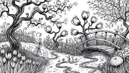 Naklejka premium Black and White Illustration of a Serene Garden Landscape 