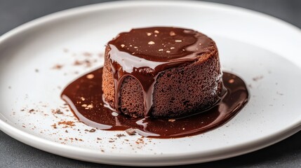 Decadent molten chocolate cake served on a white plate, gooey chocolate sauce dripping on a dark background