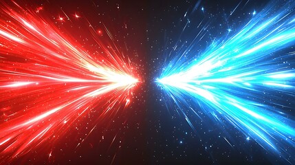 Fototapeta premium The image shows two beams of light, one red and one blue, colliding in the center against a dark background speckled with small, bright particles.