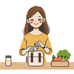 Woman Packing a Healthy Lunchbox with Vegetables and Medicine on a Table