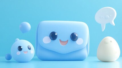 Obraz premium Cute 3D cartoon characters a happy blue purse, a droplet, an egg, and a speech bubble, on a blue background.
