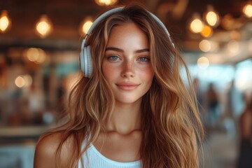 Fototapeta premium Radiant Woman in Headphones Indoors