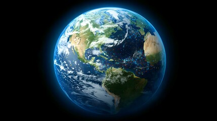 Fototapeta premium The image shows a digitally enhanced view of planet Earth, centered on the Americas, with city lights and cloud cover visible, set against a black background with a blue glow around the planet.