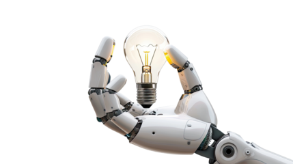 Innovation and Artificial Intelligence: A robotic hand delicately cradles a glowing light bulb, symbolizing innovation, creativity, and the fusion of technology and ideas.