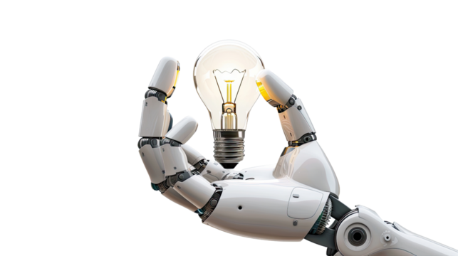 Innovation and Artificial Intelligence: A robotic hand delicately cradles a glowing light bulb, symbolizing innovation, creativity, and the fusion of technology and ideas.