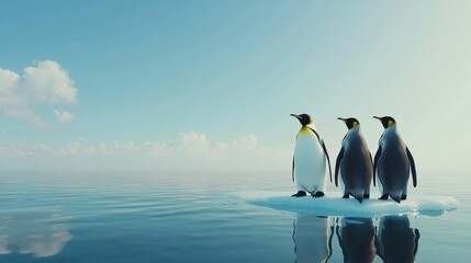 Fototapeta premium Three Elegant Penguins Standing on Ice with Calm Ocean Background