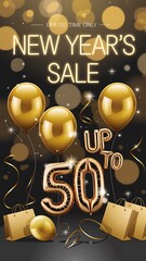 Modern New Year’s Sale promotional design. elegant golden balloons stylish typography shimmering confetti, soft bokeh background, bold 50 percent off discount text for luxurious holiday shopping event