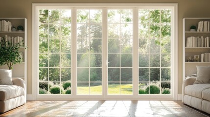 Sunlit living room with large windows overlooking a lush green garden.