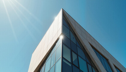 Futuristic building reflecting sunlight under clear blue sky, modern architecture
