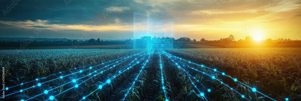 Poster high-tech holographic display showcasing crop yield analysis over rural farmland at sunset with glow