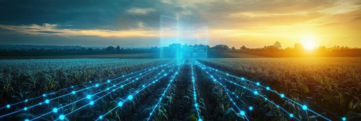 High-tech holographic display showcasing crop yield analysis over rural farmland at sunset with glowing blue interface elements Generative AI