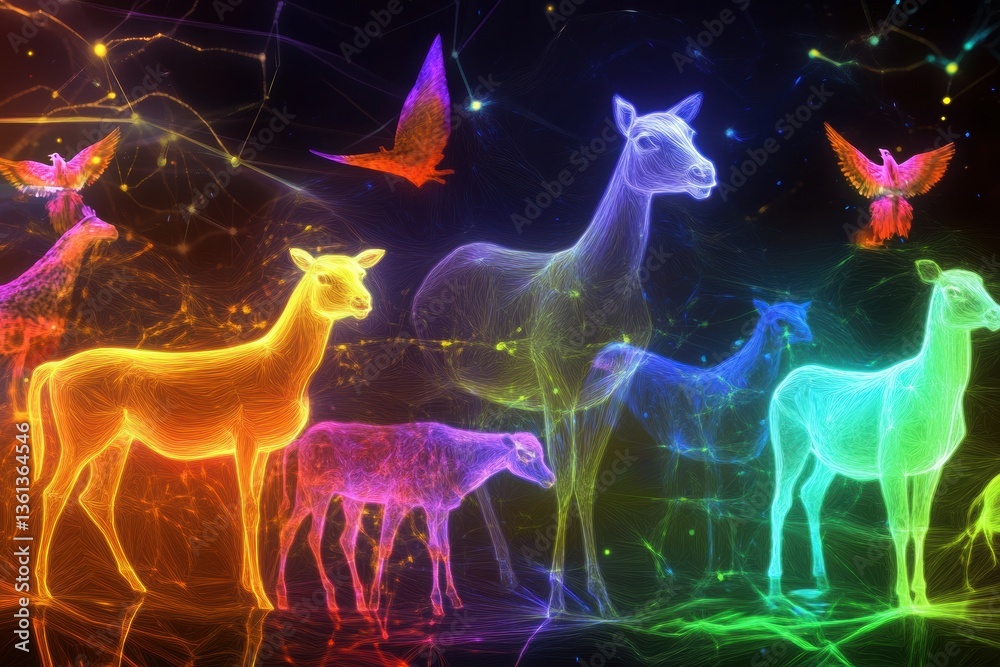 Aufkleber Surreal farm animals illuminated by glowing energy against a dreamlike gradient background Generative AI