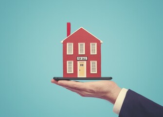 Hand Holding House Model with Sale Sign on Mobile Phone Screen
