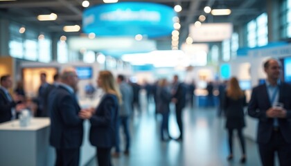 Blurred industry conference photo, professionals network. Abstract background, bokeh effect. Business event, networking opportunity, seminar, corporate gathering, people group. Technology,