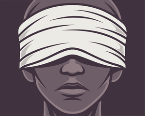 A person with a white blindfold covering their eyes in a conceptual design.