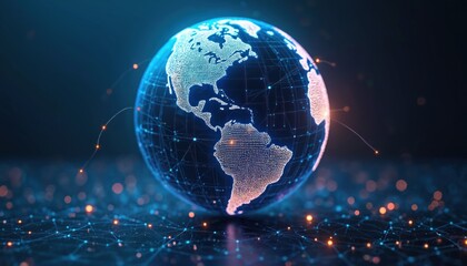 Abstract digital 3d globe with glowing connections. Technology planet earth. Global network, internet, communication, data transfer, business, innovation, worldwide.