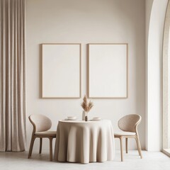 Minimalist dining room with two empty frames, round table, and beige chairs.