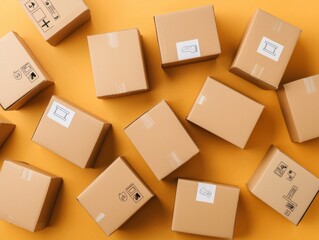 Fototapeta premium Collection of Cardboard Boxes on Bright Yellow Background