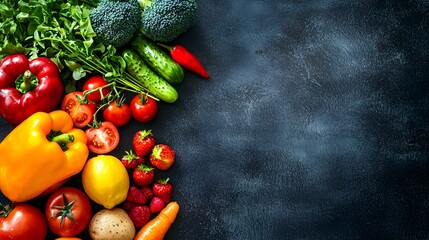 wellness trends concept Fresh vegetables and fruits arranged on a dark surface, showcasing vibrant colors and textures.