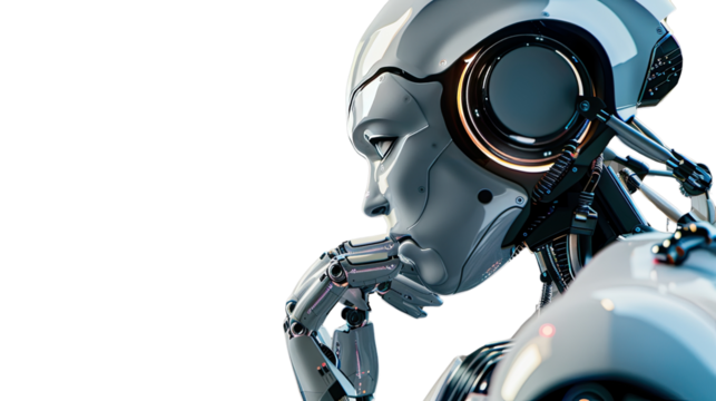 Contemplation of the Future: A close-up portrait of a futuristic robot, its metallic face etched with an expression of deep thought.