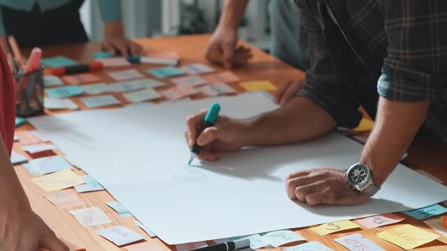 Close up of developer team using mind map to brainstorm idea. Top view of skilled group of business people working together writing marketing strategy by using markers and sticky notes. Symposium. - Powered by Adobe