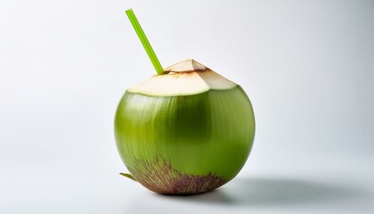 Juicy green coconut with a vibrant straw  tropical and Summer vibes  refreshing isolated on the white background