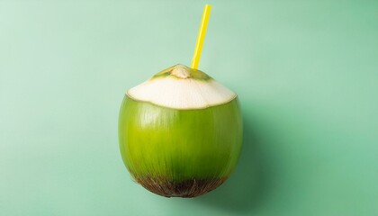 Juicy green coconut with a yellow straw, fresh from the tree, tropical vibes, summer isolated on the green background