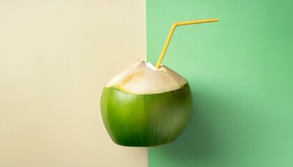 Summer juicy green coconut with a vibrant straw tropical vibes refreshing isolate on pastel color background