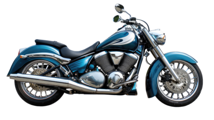 Turquoise Cruiser Motorcycle: A sleek and stylish turquoise cruiser motorcycle is showcased against a pristine background, emphasizing its design and aesthetic appeal.