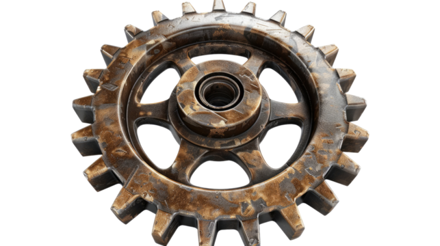 Rusty Gear: A detailed close-up shot of a rusty gear, revealing intricate textures and signs of wear and tear, symbolizing industry and mechanics.