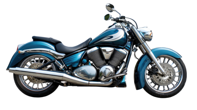 Turquoise Cruiser Motorcycle: A sleek and stylish turquoise cruiser motorcycle is showcased against a pristine background, emphasizing its design and aesthetic appeal.