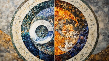 Circular artwork the four element earth, fire, water, air with intricate details rich colors create a mystical spiritual.