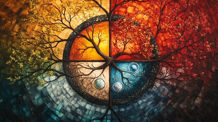 Abstract painting depicting a tree the four seasons with representing vibrant colors mosaic style create a beautiful symbolic artwork.