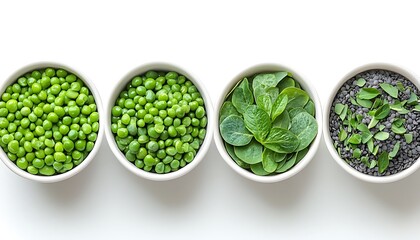 Four bowls containing peas spinach and lentils on a white surface