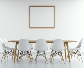 Minimalist dining room with wooden table and white chairs, blank frame on wall. (1)