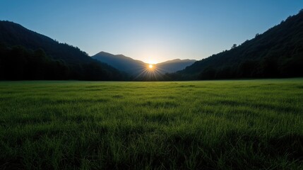 Fototapeta premium Sunrise over a meadow nestled between mountains. Lush green grass stretches towards a vibrant sunrise, piercing through the mountain peaks. Gentle morning light bathes the valley