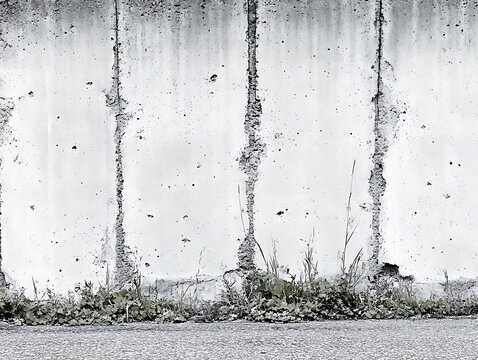 Grungy concrete surface with emergent vegetation texture urban decay