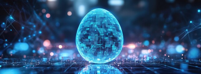 Futuristic Easter Egg with Digital Network Background. Data Charts, Stock Graphs, Cryptocurrency Tech, AI Concept, Cyber Holiday Design