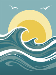 Vector illustration with big wave on sun background. Seascape background banner.