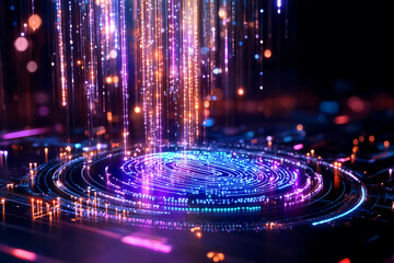 Obraz premium Digital fingerprint formed from futuristic circuit lines, neon blue and purple nodes on a dark elegant background symbolizing cybersecurity, technology, and digital identity