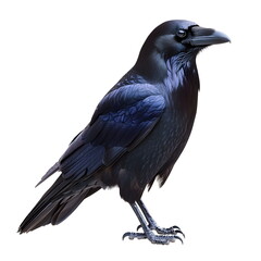 Fototapeta premium A realistic portrait of a majestic raven standing in profile, isolated on a white background. Its glossy black feathers shimmer with blue and purple hues, complementing its strong beak, intelligent 