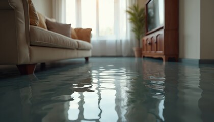 Interior house flooding. Water damaged modern living room. Apartment damaged after plumbing accident. Insurance claim disaster. Flood damage, water on floor. Property damage.