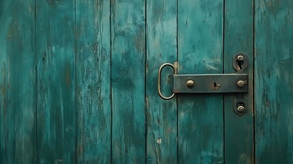 Obraz premium Rustic Teal Wooden Door with Antique Metal Latch AI Generated