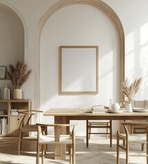 Minimalist dining room with wooden table, chairs, and pampas grass.