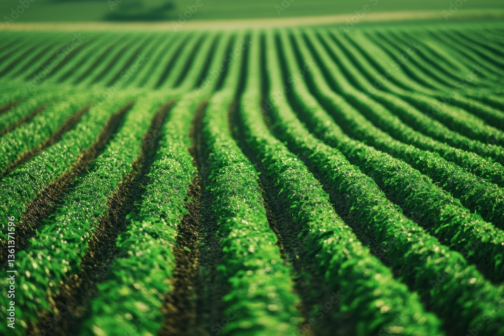 Poster Perfectly aligned green crop rows create a striking pattern in an aerial view under soft lighting Generative AI