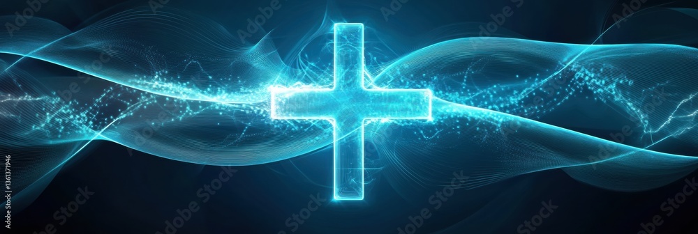 Poster Glowing waveforms merge into a cross-shaped medical symbol in a futuristic blue and white gradient design Generative AI