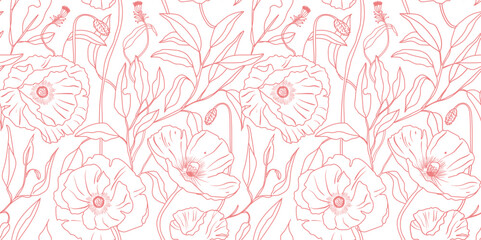A sophisticated seamless floral pattern featuring delicate hand-drawn flowers and foliage in a warm pink hue