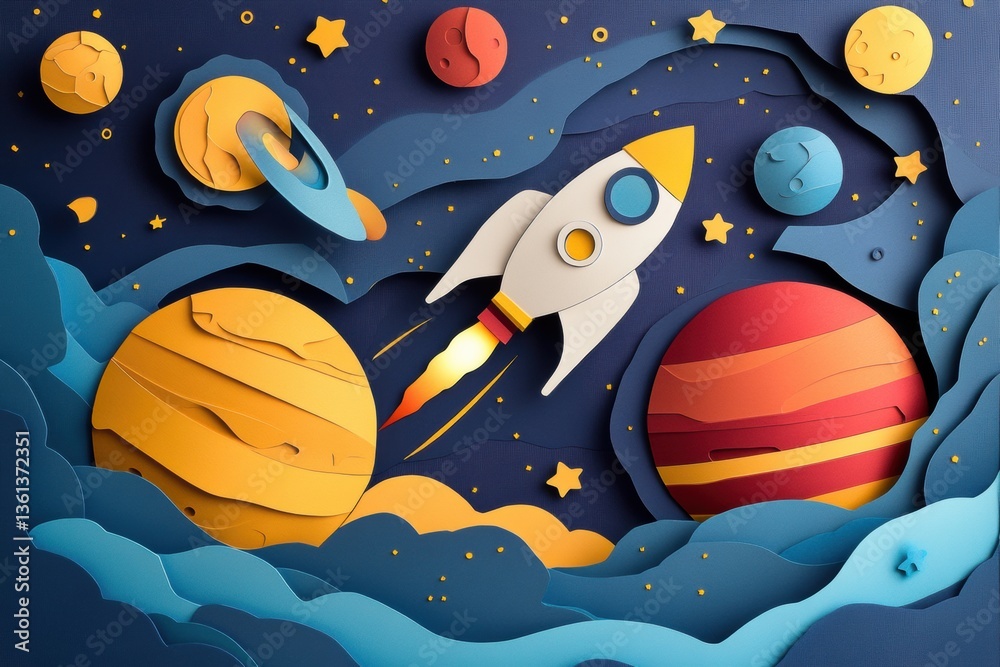 Poster layered paper cut artwork of a rocket ship soaring through a vibrant cosmic landscape filled with pl